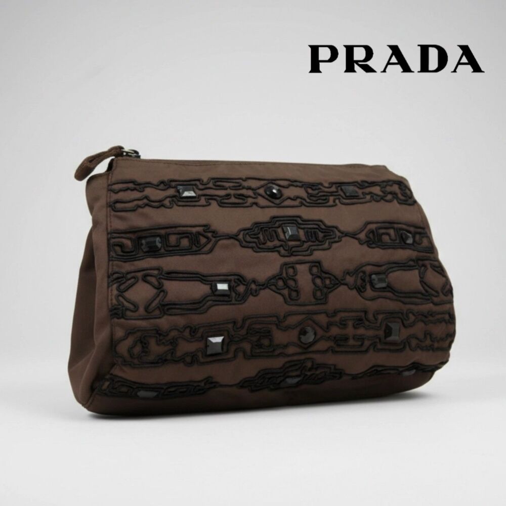 Prada - Collector Piece - Brown Embroidered & Jeweled Clutch Bag w/ COA, EUC Y2K